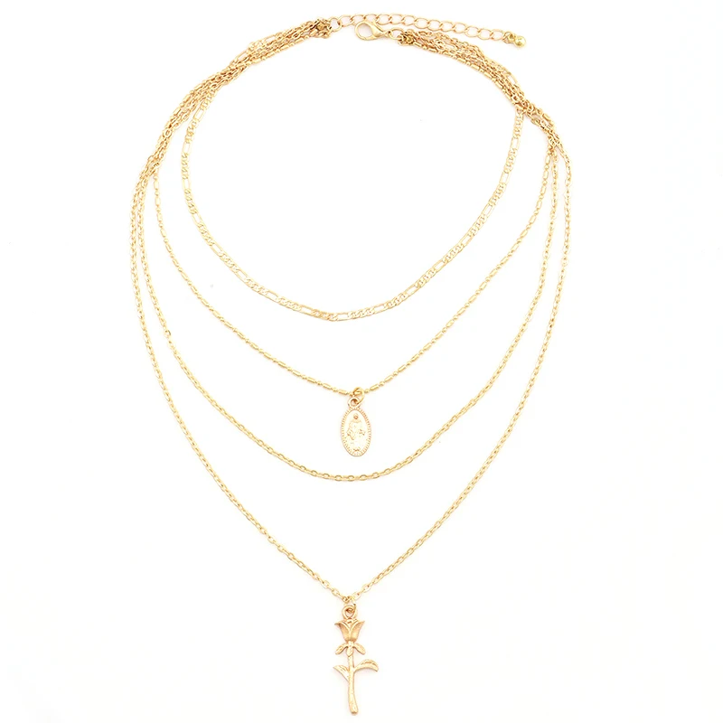 4 шт./компл. Ретро Девы Марии розы цепь кулон многослойное Золотое колье женское