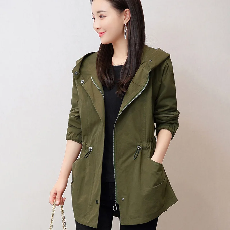 

New Fashion Short Trench Coat Women's Large Size Coats With Hood Parker Casual Waist Loose Thin Ladies Trench Spring Autumn