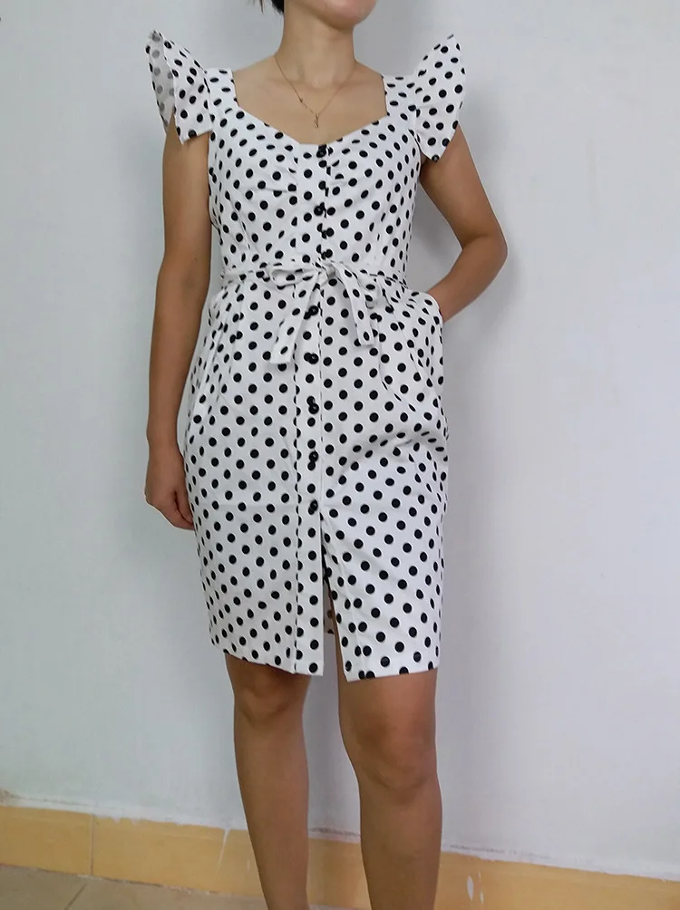 Платье-рубашка в горошек с карманами платье рукавом-фонариком однобортное