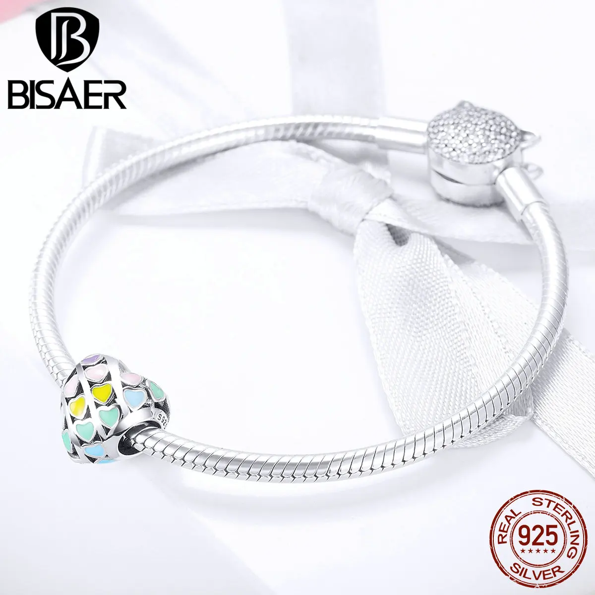 Женский браслет шарма BISAER с серебряной эмалью и радужным сердечком 925 пробы