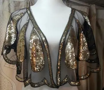 Golden with Black Женские шарфы 1920s Хлопушка вышивка Шаль с бахромой накидка Гэтсби Вечерние бисером накидка с пайетками винтажная Сетка шарф Обертывания для платья - Цвет: Golden with Black