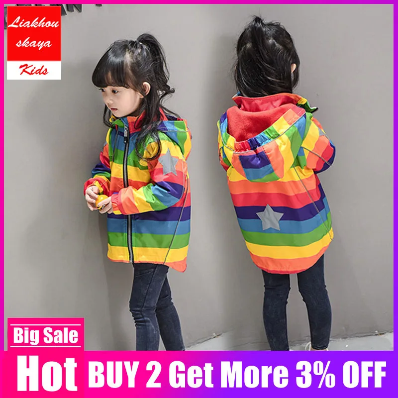 

2019 New Childrens Jacket For Girls Rainbow Warm Coats Windbreaker For Baby Girls Clothing Jackets Autumn Kids Outerwear 0-5 Y
