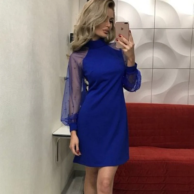 Дамы 2019 Весна Бисер Сетчатое платье для женщин элегантный стенд воротник с