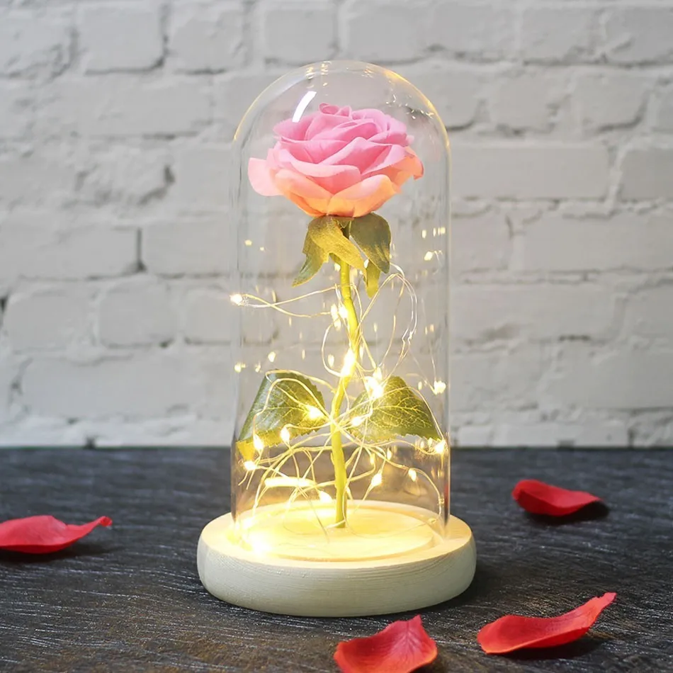 Pink wood base Новая Красавица и Чудовище Роза, Роза в стеклянном куполе, красная роза, сохраненная Роза, Belle Rose, специальный романтический подарок на день рождения - Цвет: Pink wood base