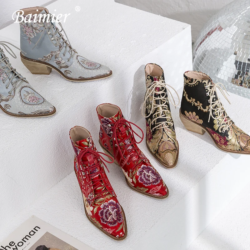 Baimier/женские ботинки из натуральной кожи; ручная работа; кружево с вышивкой; ботильоны для женщин; Зимние теплые плюшевые ботинки на высоком каблуке для женщин