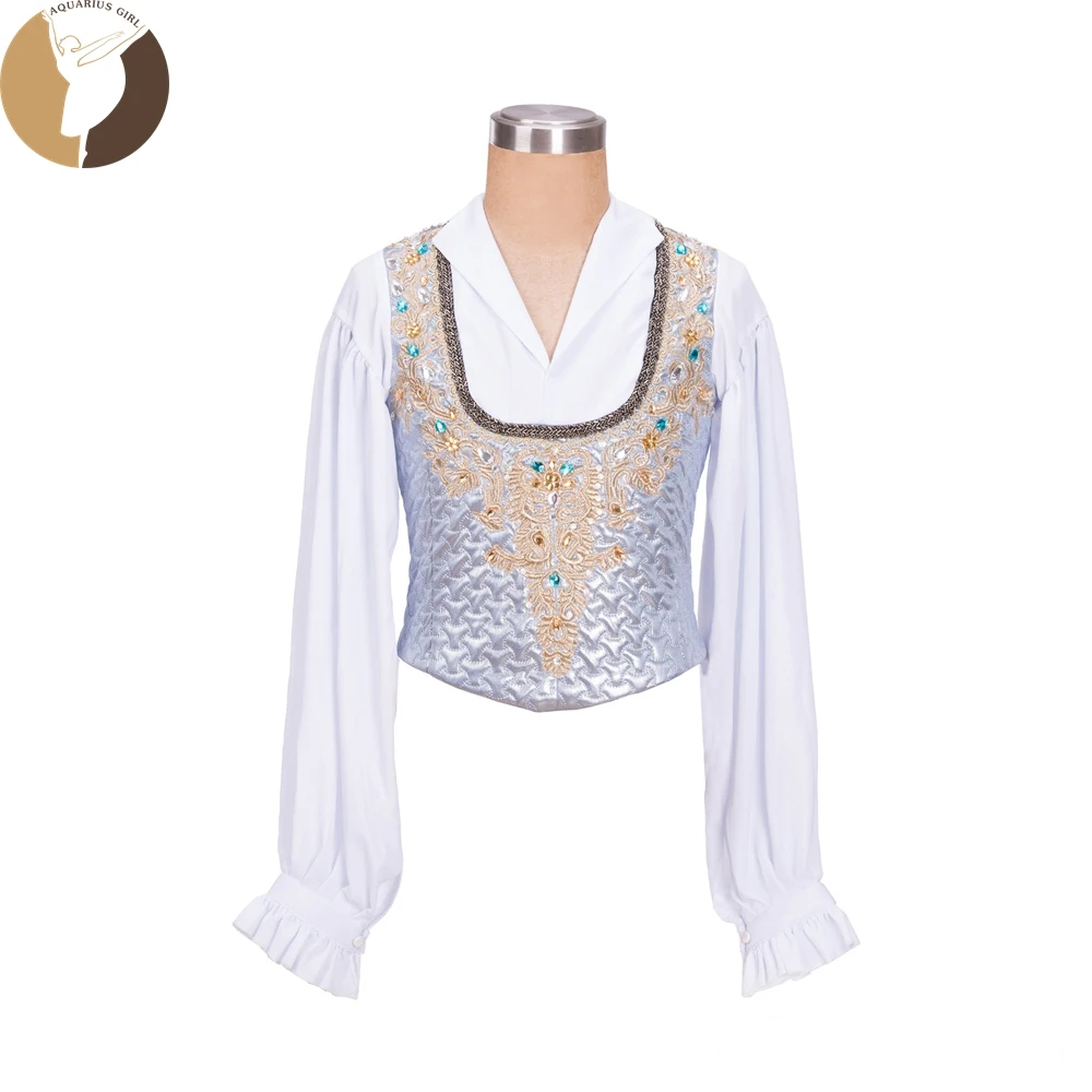 

Male Boy Professional Ballet Tunic White Silver Dance Tops Chiffon Sleeves Gold Decoration Princes Stage Performance Costumes