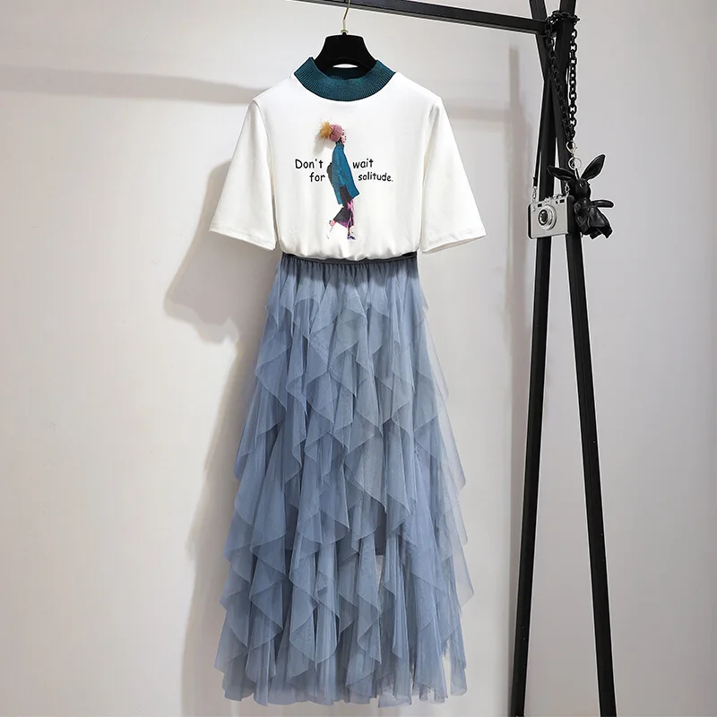Женский комплект из 2 предметов Элегантная футболка с принтом и сетчатая юбка