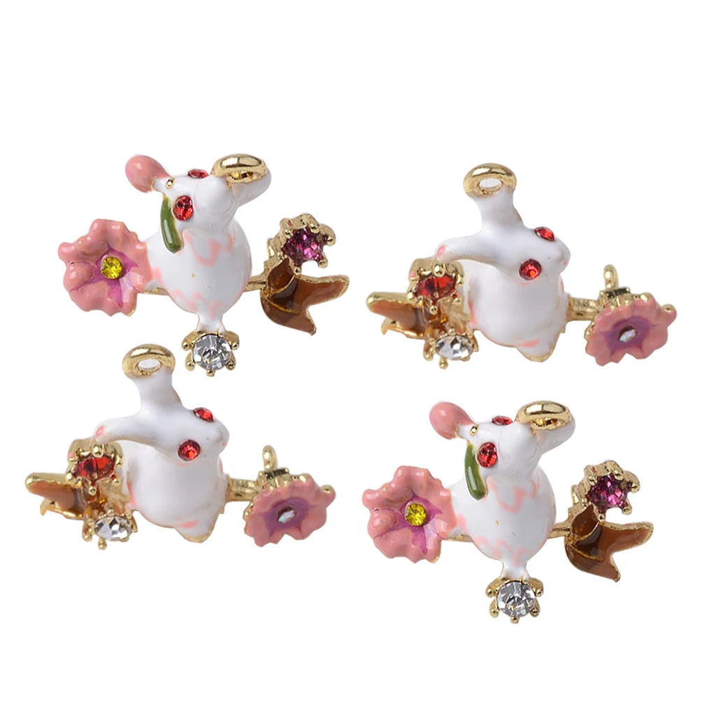 4Pcs Rhinestone Decorated Easter Rabbit with Flower for Hanging Charms Pendants /Earring Findings Crafts/Necklace Bracelets DIY | Украшения