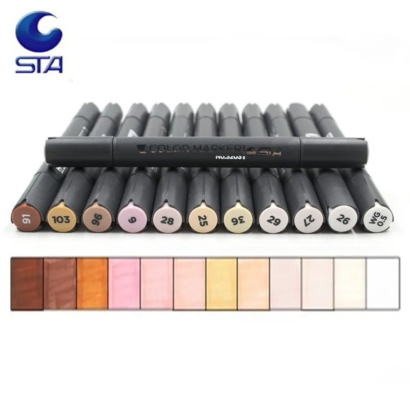 Профессиональные эскизные маркеры STA 12 цветов двусторонние для рисования