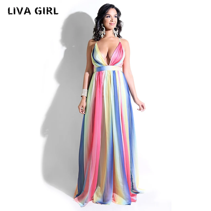 Женское шифоновое платье в полоску летнее пляжное с V образным вырезом и открытой