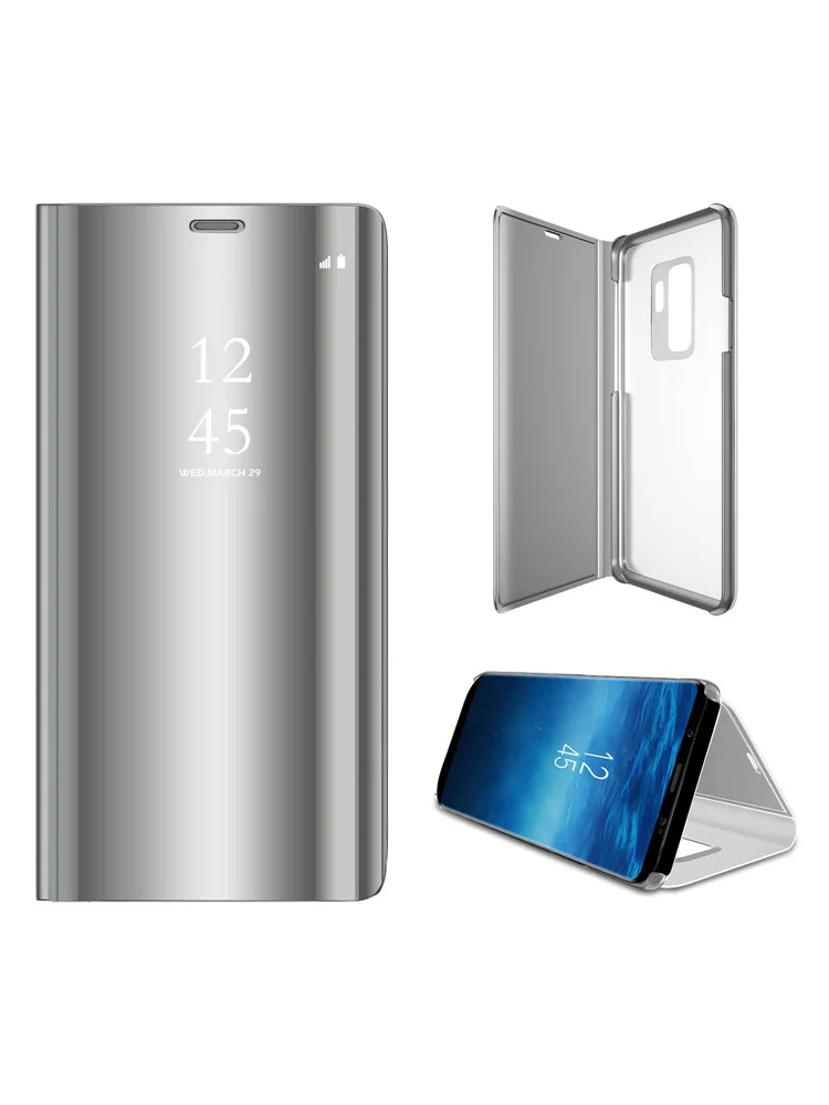 Серебристый Умный зеркальный кожаный Капа для samsung Galaxy J4 J6 J8 A7 A8 A9 S6 S7 край S8 S9 S10 плюс S10E A10 A30 A50 M10 M20 M30 Note 8 9 чехол - Цвет: Серебристый