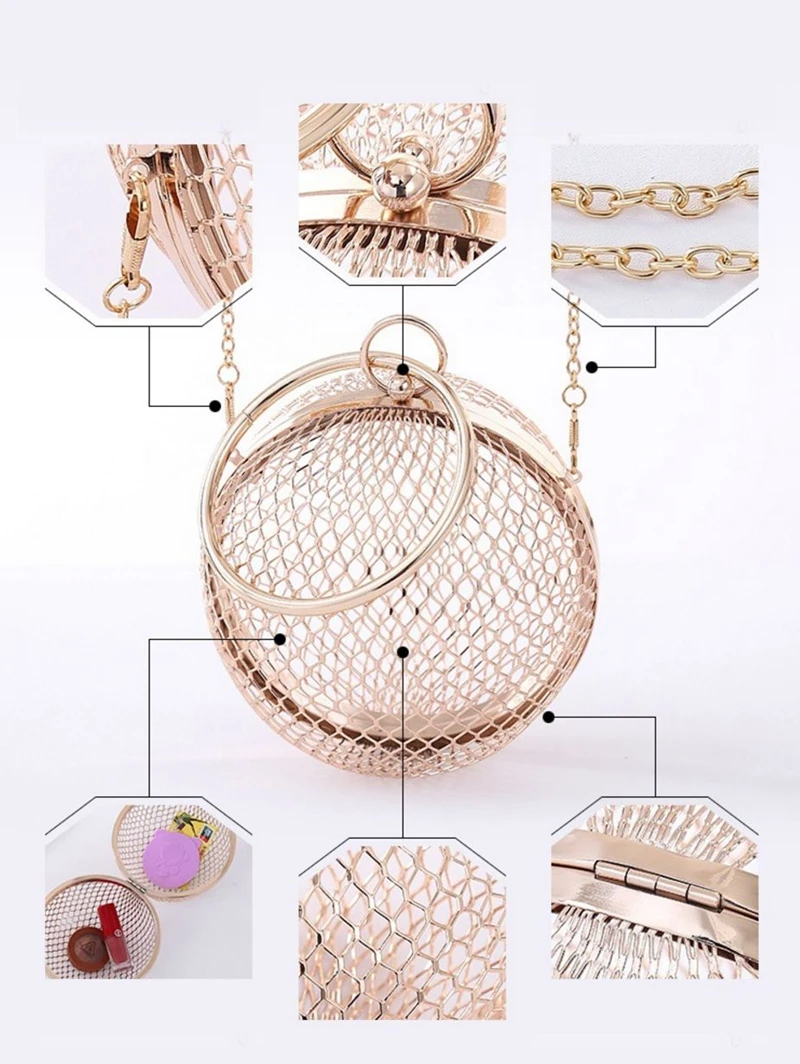 Metal Ball Women Shoulder Bag Gold Cages Women Round Hollow Out Clutch Bag Evening Ladies Wedding Party Bags CrossBody Purse