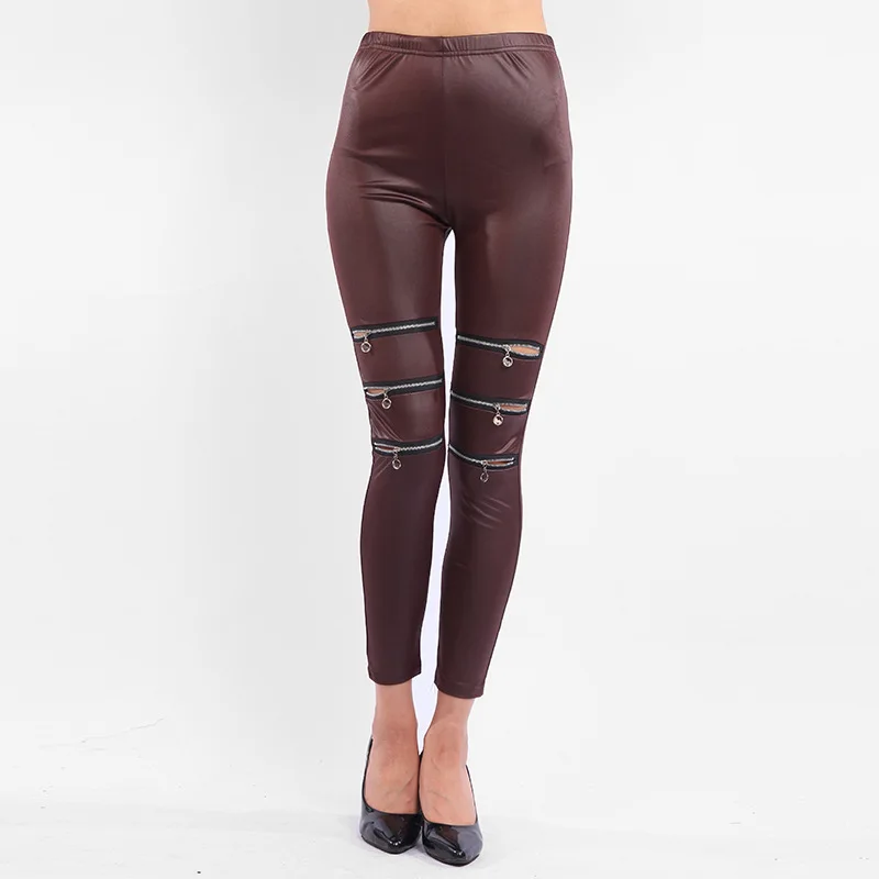 Женские Модные панковские легинсы с молнией сексуальные черные кофейные кожаные