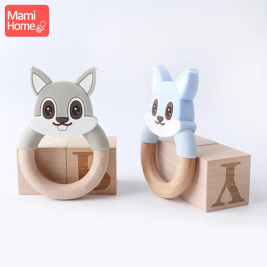Mamihome Baby Wooden Teether Animal Ring Silicone Rodent Beech Wooden Blank Rabbit Ears baby products Toys Pacifier Pendant Gift