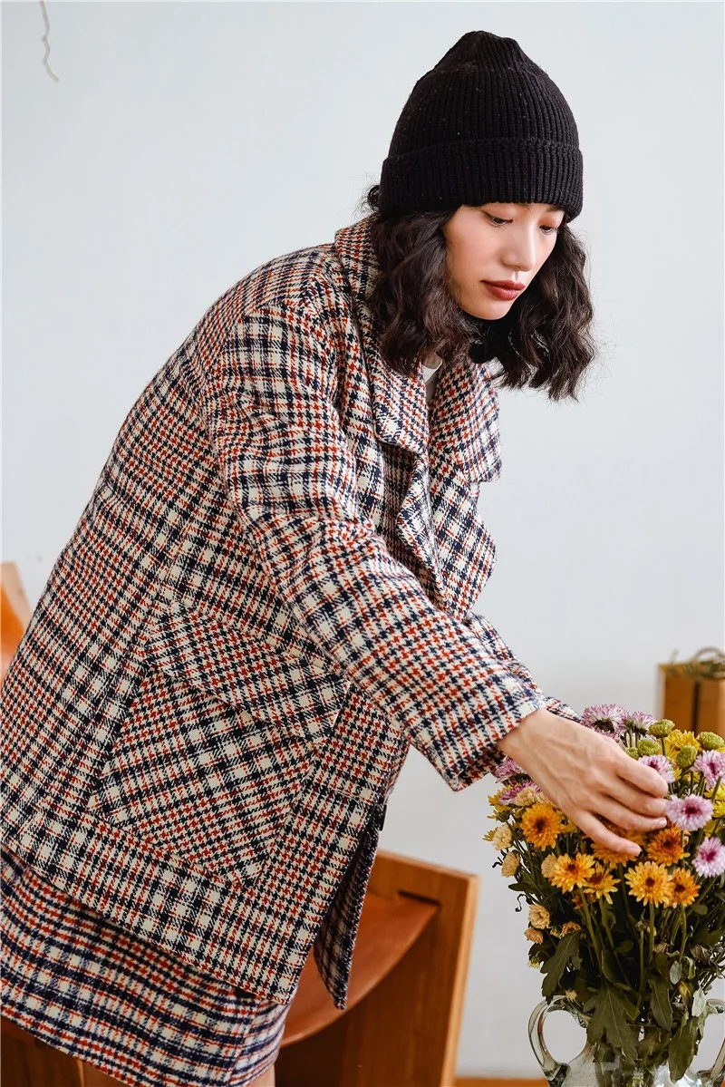 2019 Autumn Winter Original Design Gloria&ampGrace Vintage Brown Plaid Pattern Print Oversize Wool Loose Warm Coat Jacket Outerwear | Женская