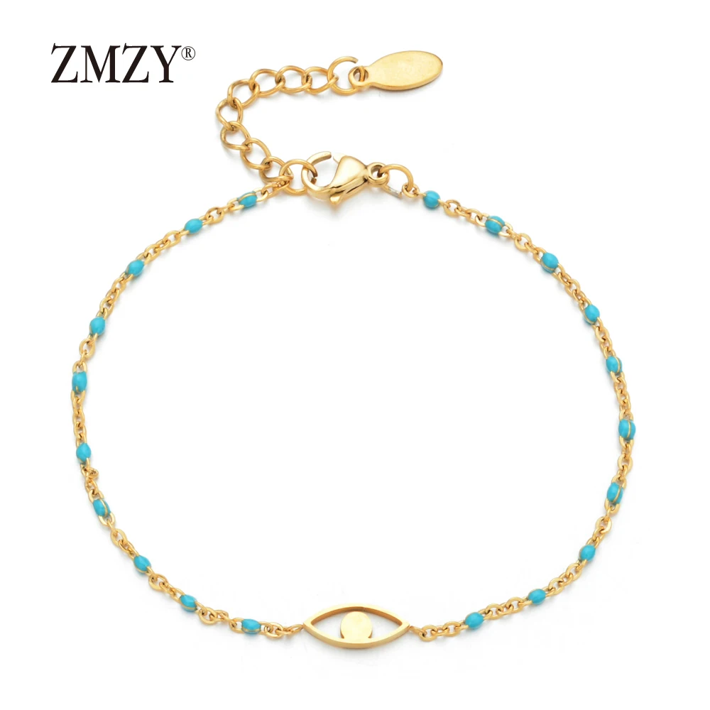 light-blue ZMZY Fashion Boho Single Evil Eye Bracelet Stainless Steel Jewelry Thin Gold Line Chain Charm Bracelet Women Love Gift - Окраска металла: light-blue