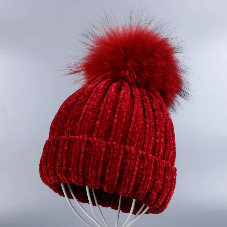 Mink Pom wine red Новые женские зимние шапки из синели, помпоны из натурального меха лисы и норки, винтажные повседневные шапочки в полоску с помпонами - Цвет: Mink Pom wine red