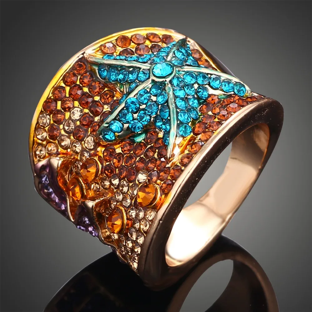 Золото-цвет женщины кольца Сплава Асфальтовая Полные Кристаллы 5 Звезда