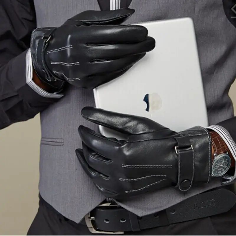 Мужские классические черные зимние кожаные перчатки для спорта на открытом