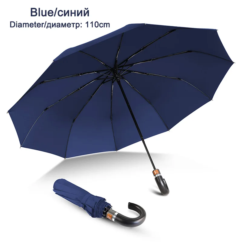 Британский Зонт с кожаной ручкой для дождя, Женский Бизнес 3 складной большой зонт для мужчин, автоматический Сильный ветрозащитный мужской зонт - Цвет: Blue