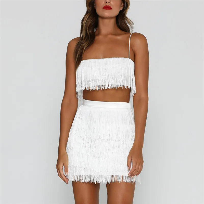 Мини-платье из двух частей с кисточками на тонких бретельках сексуальное Белое