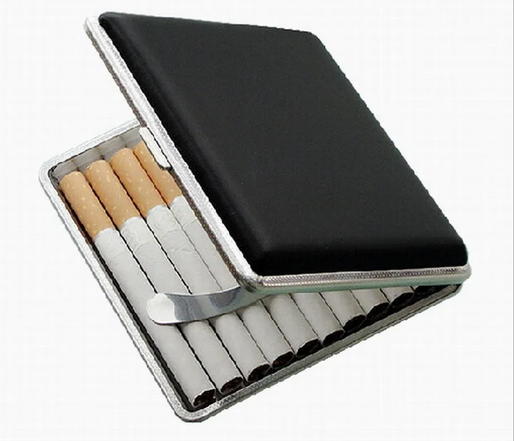 Нежный подарочный футляр для сигарет черный кожаный металлический табак 20 штук