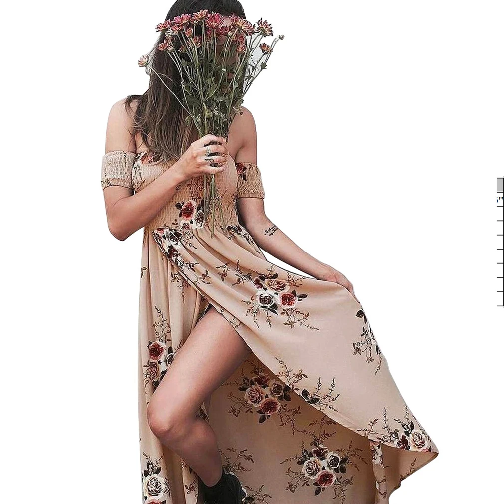 Женское шифоновое платье макси с цветочным принтом открытыми плечами и