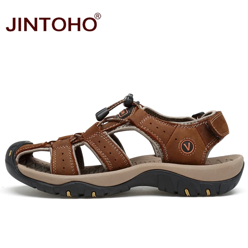 Сандалии JINTOHO мужские из натуральной кожи модные пляжные босоножки Брендовые