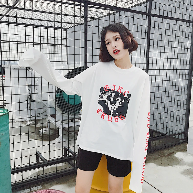 2017 Весна Для женщин модная футболка из хлопка Повседневное с длинным рукавом