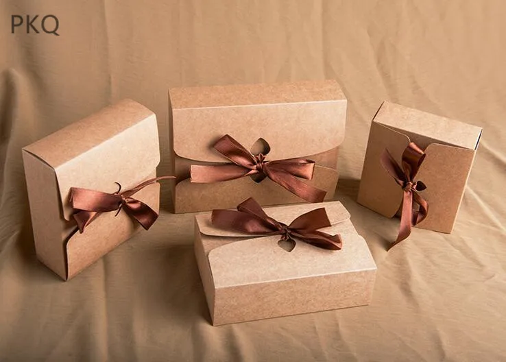 kraft paper 3 размера крафт-коробки с лентой, большой размер Свадебная подарочная посылка, черная коробка, Подарочная коробка для детского душа, Подарочная коробка для дня рождения - Цвет: kraft paper