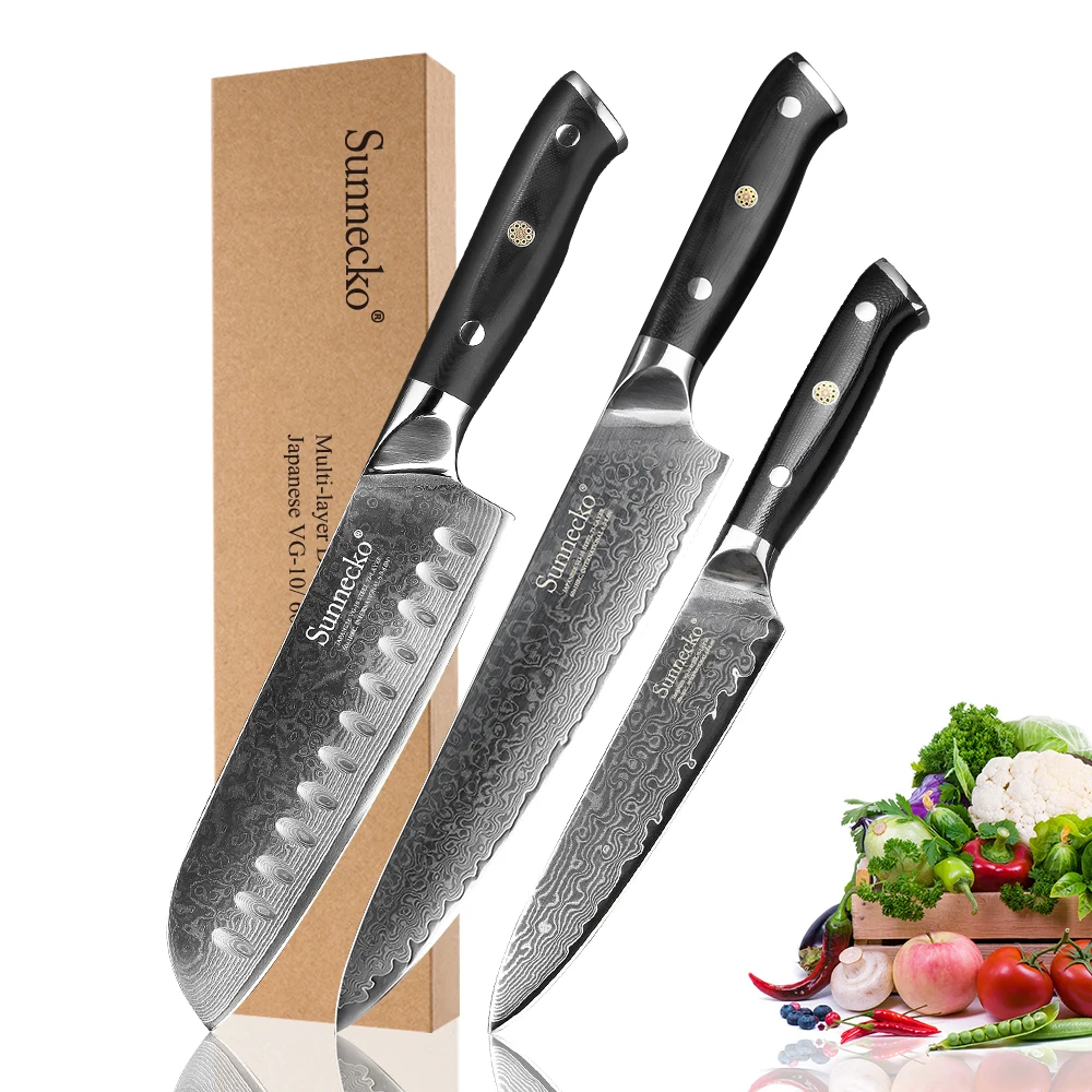 

SUNNECKO 3pcs Kitchen Knives Set Santoku Chef Utility Knife Damascus Steel Japanese VG10 Blade G10 Handle Meat Fruit Cutter Tool
