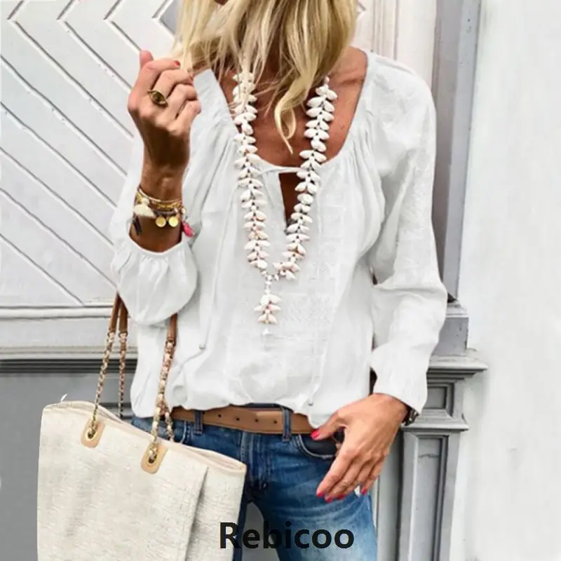 Рубашка женская с длинным рукавом из хлопка и льна|Блузки| |