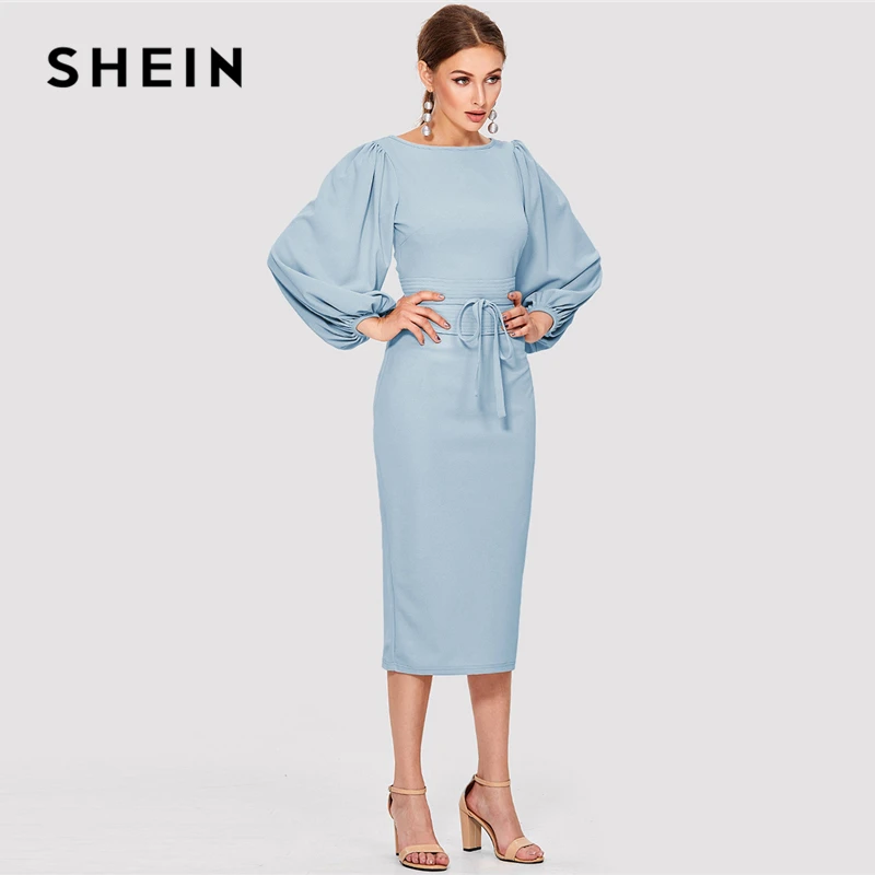 SHEIN Облегающее Приталенное Платье С Длинным Рукавом Однотонное Офисное Миди Платье