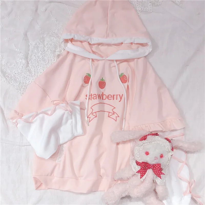Мягкие милые женские толстовки с вышивкой в виде клубники Kawaii пуловер для