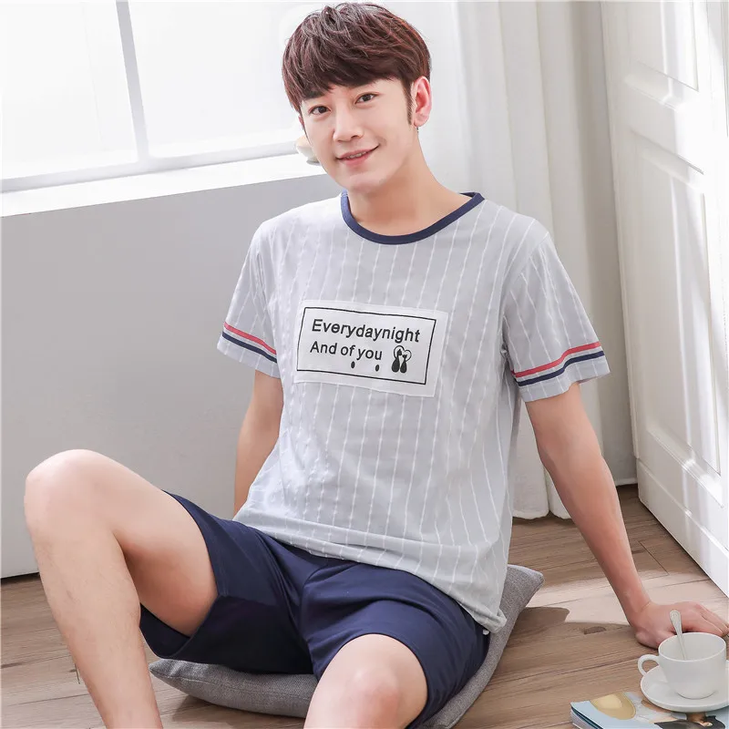 Men pajama Летний мужской пижамный комплект, Хлопковая полосатая рубашка для сна и шорты, костюм, пижамы с принтом букв домашняя пижама, повседневный комплект из двух предметов, XXXL - Цвет: Men pajama