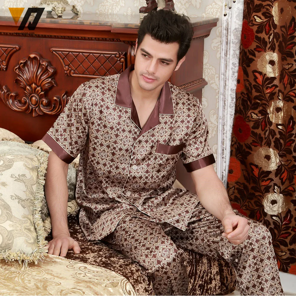 Шелковые комплекты пижамы атласа ночная мужчины лето Loungewear пижама комплект с