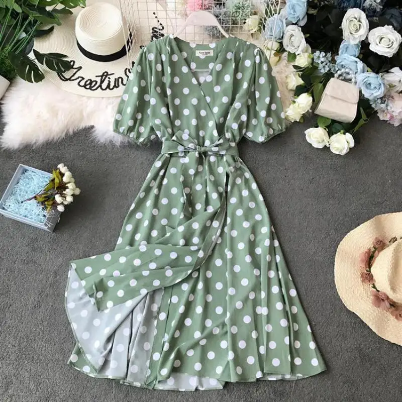 Женское пляжное платье в горошек Boho облегающее длинное Бандажное с v-образным