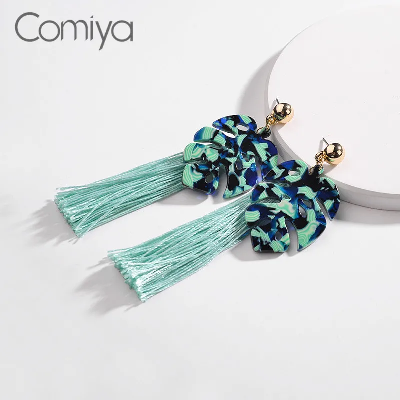 Женские акриловые серьги Comiya длинные зеленого цвета с кисточками в этническом
