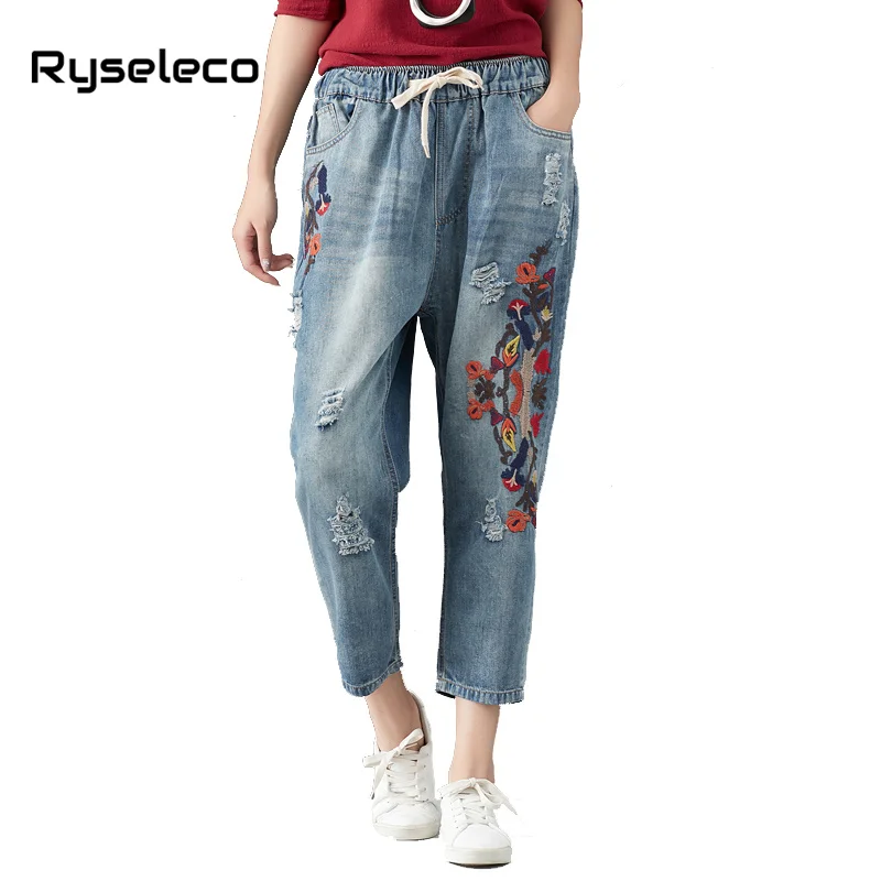 Женские джинсы большого размера осенние шаровары с цветочной вышивкой галстуки