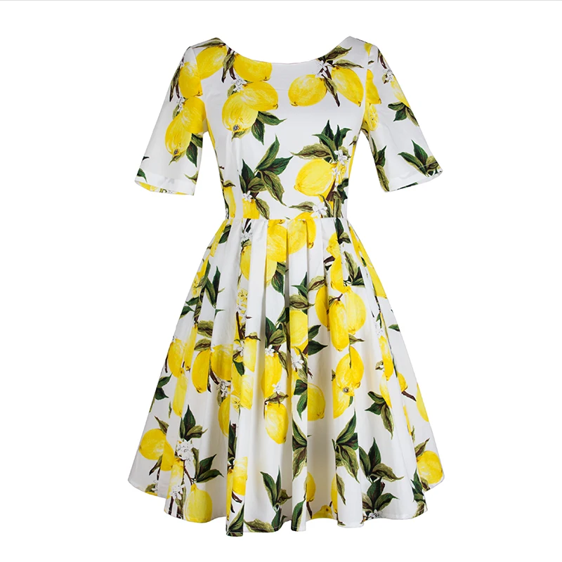 

Womens summer Fall Retro Vintage lemon flora printed Above-Knee Dress high waist Short Sleeves pleated A-Line Dresses