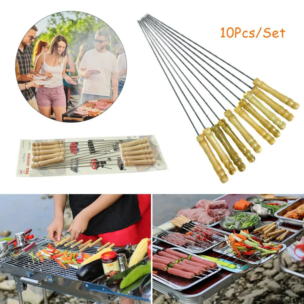 

Outdoor Tableware Accessories Picnic Barbecue Needle Stainless Steel Barbecue Skewer Wooden Handle Barbecue Tools 10 Pcs