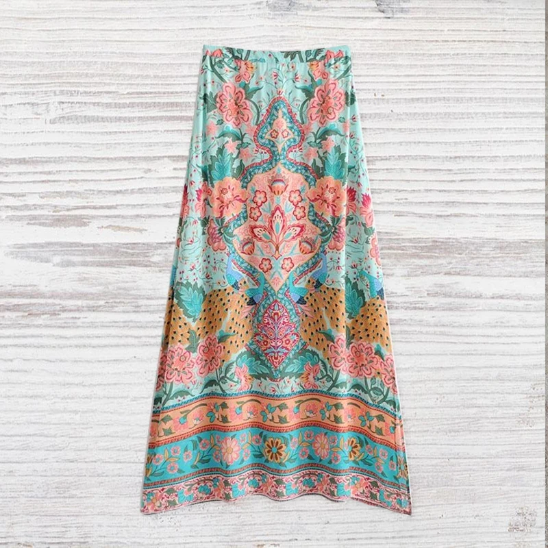 Boho Vintage Floral Print Long Skirt Women New Fashion Elastic Waist Lace Up Tassel Summer Beach Skirts Casual Saia Mujer | Женская