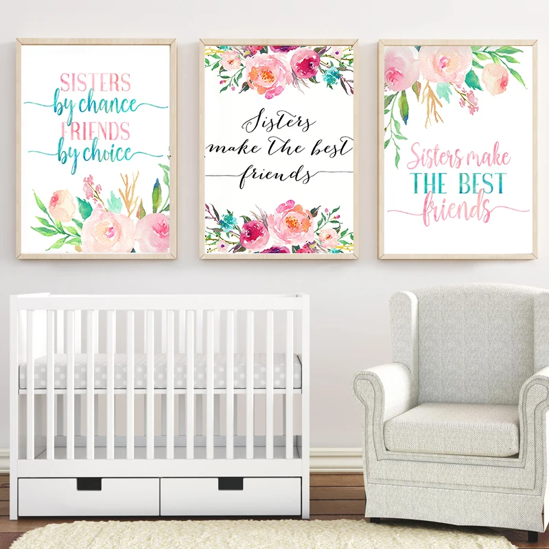 

Nursery Sister Quote Wall Art Watercolor Flora Canvas Painting Minimalist Posters and Prints Pictures for Baby Living Room Decor