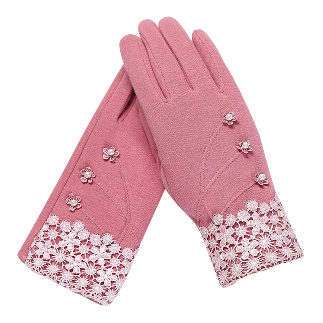 Winter Women Warm Gloves Lace Floral Cashmere Bow Full Finger Mittens Wrist Guantes Lady Hand Protector Accessories | Аксессуары для