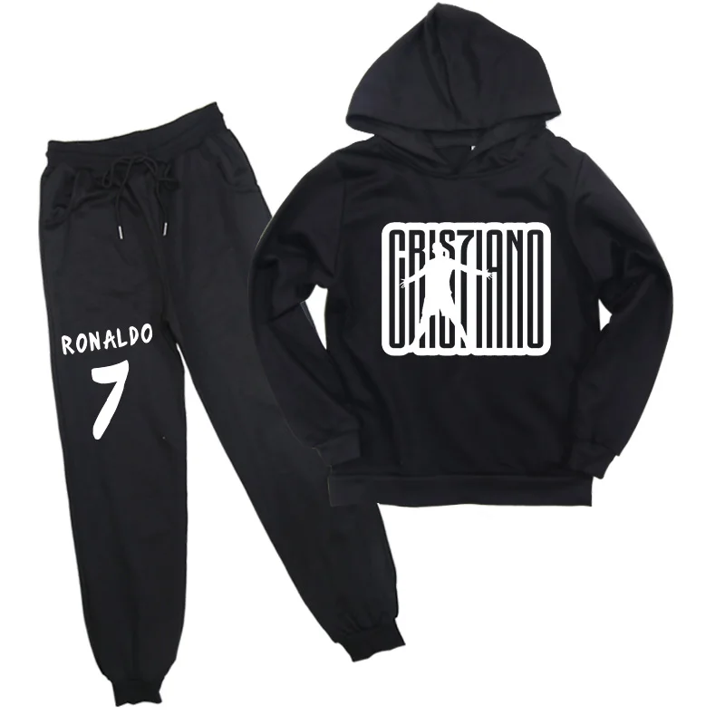 Детские легкие свободные кофты Ronaldo CP7, штаны-шаровары Повседневные хлопковые топы для мальчиков и девочек, толстовка, одежда и штаны для бега - Цвет: Черный