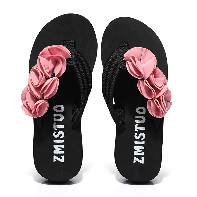 Летняя женская обувь на платформе с цветочным рисунком; шлепанцы; пляжные вьетнамки; женские шлепанцы на высоком каблуке; Цвет Черный; EVA; женская обувь