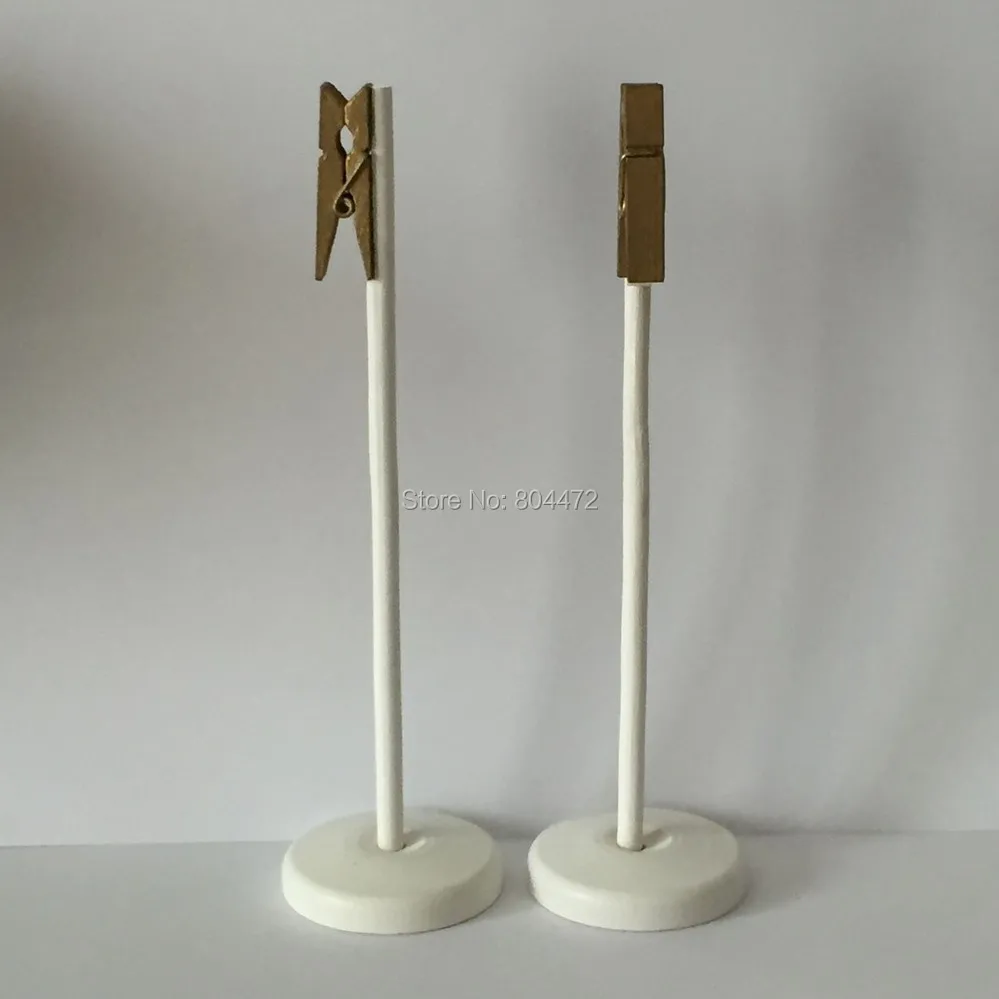 (10 шт./лот) золотые Мини Деревянные прищепки на белой подставке с номером карты