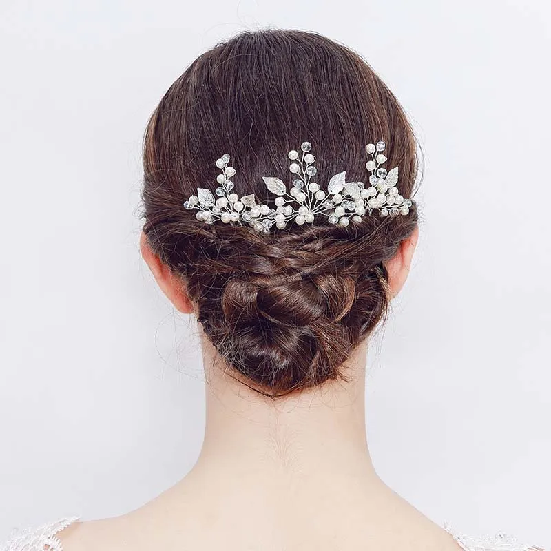 FORSEVEN 2pcs Simulated Pearl Hand-made Bridal Hairpins Crystal Hair Pins Silver Color Leaves Hairdress Wedding Accessories | Украшения и