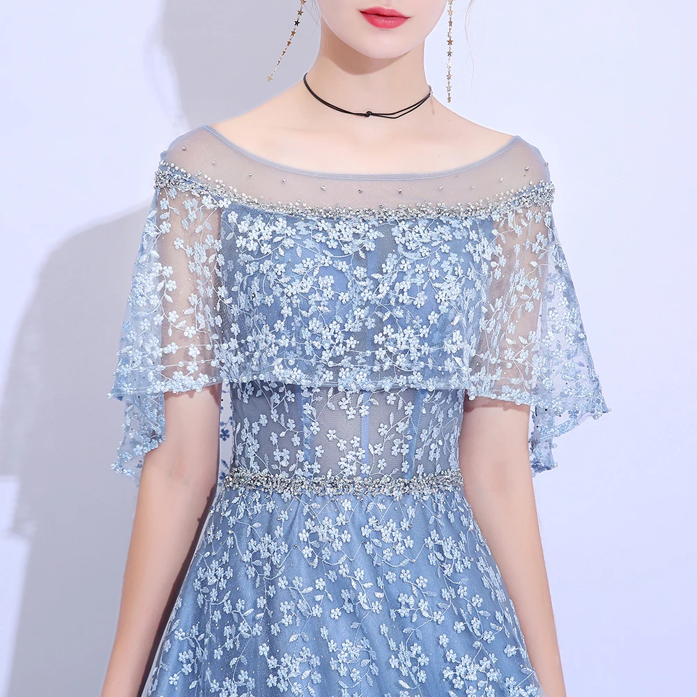 Женское вечернее платье SSYFashion серое/синее кружевное длиной до пола с вышивкой и