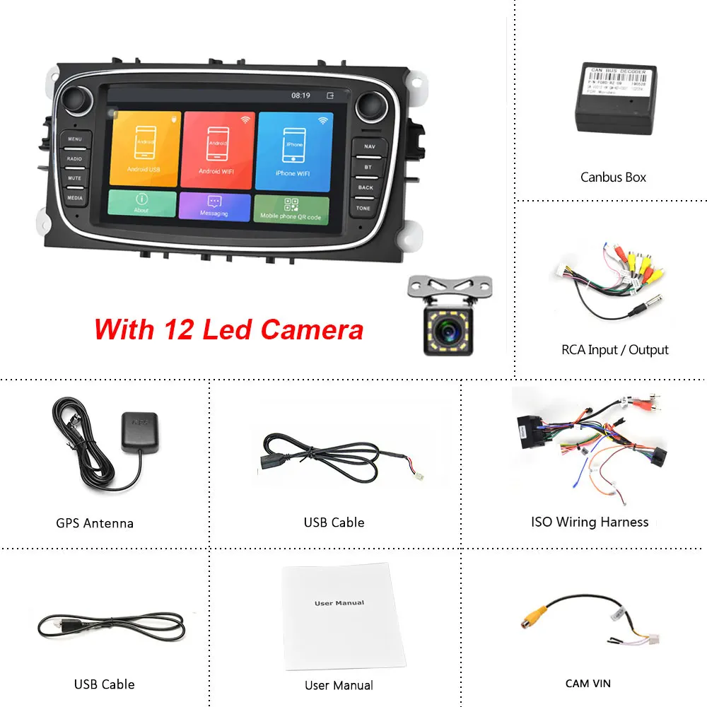 Black With 12 LED Camecho Android 8,1 Автомобильный мультимедийный плеер gps автомобильный Радио 2 Din dvd Авторадио для FORD/Focus 2 Mk2/Mondeo/S-MAX/C-MAX/Galaxy DVR - Цвет: Black With 12 LED